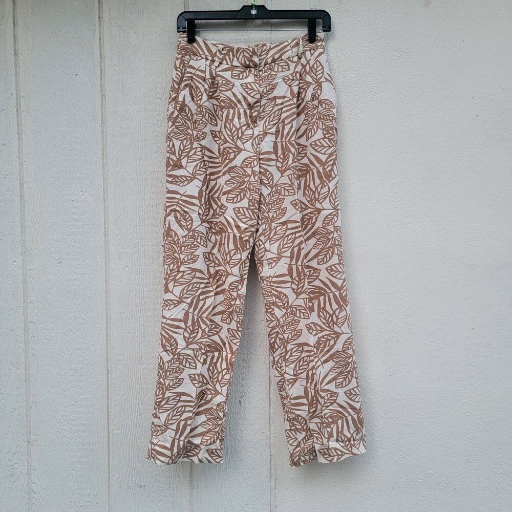House of Harlow 1960 Linen Blend Pants Palm Leaf Print Size 0 Beachy Coastal